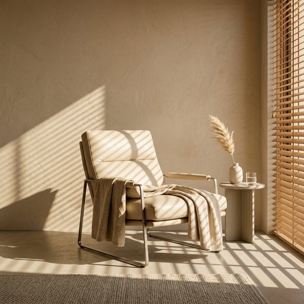 A calm, sunlit space with a cosy armchair