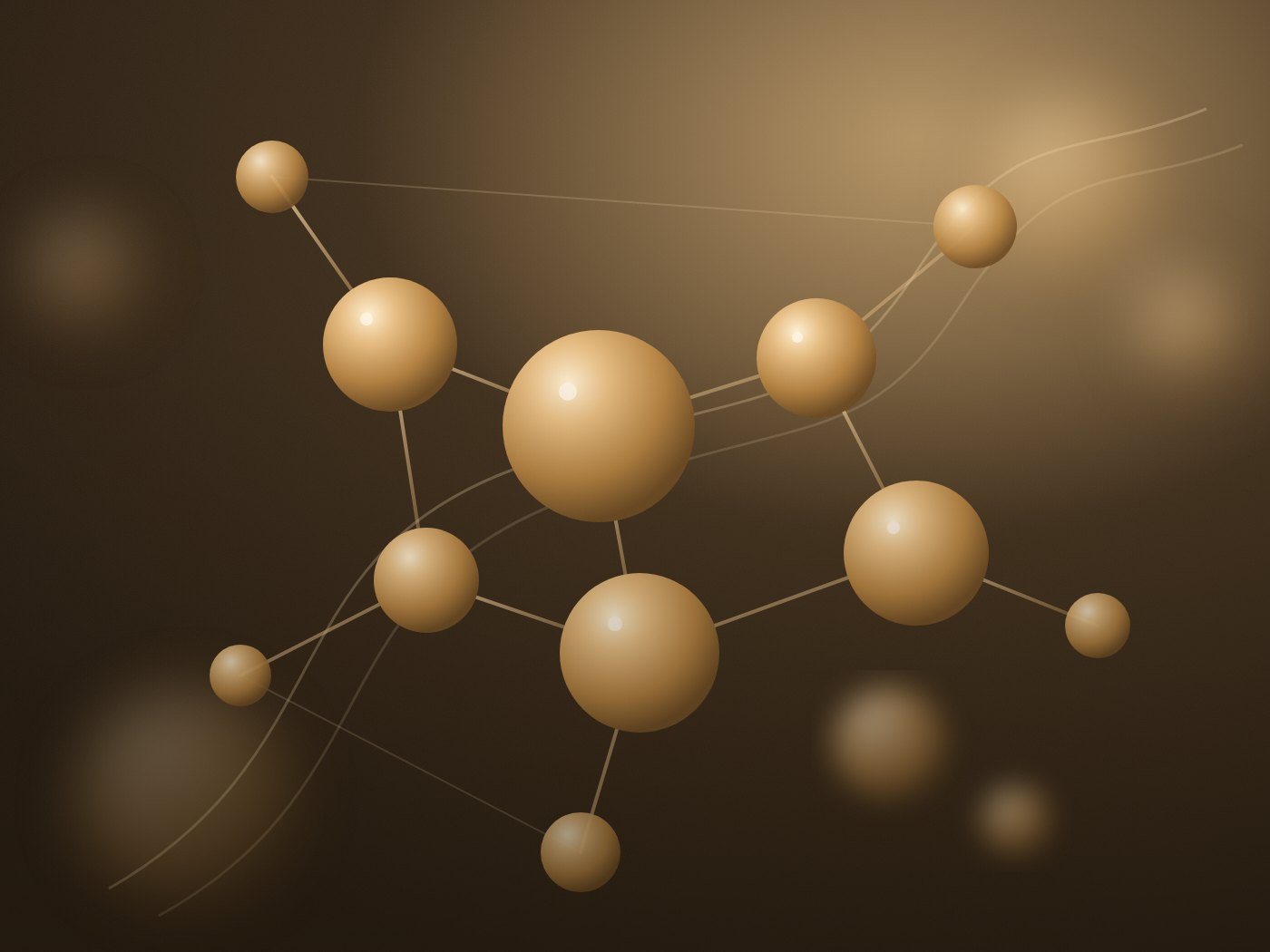 An abstract molecular structure in warm gold light