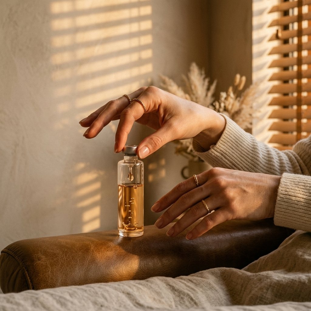 Hands preparing a vitamin shot in warm, natural light